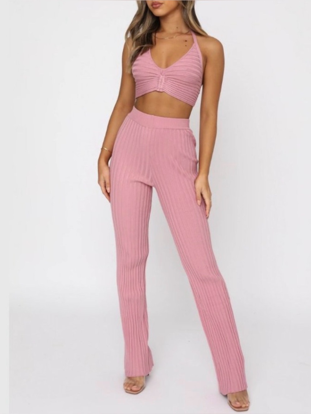 NWT White Fox Boutique Soft Pink Knit Crop Top (M) Pants (L) Set